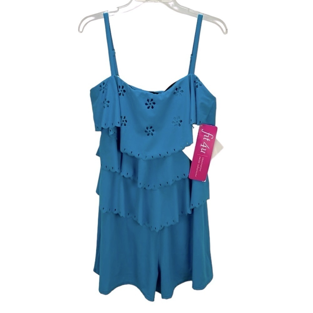 Fit 4U Blue 1 Piece Bathing Suit Romper Shorts Sz 16 Perforated Floral R…